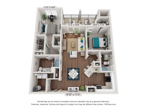 Floor plan for 2 beds, 2 baths, 1186 sqft
